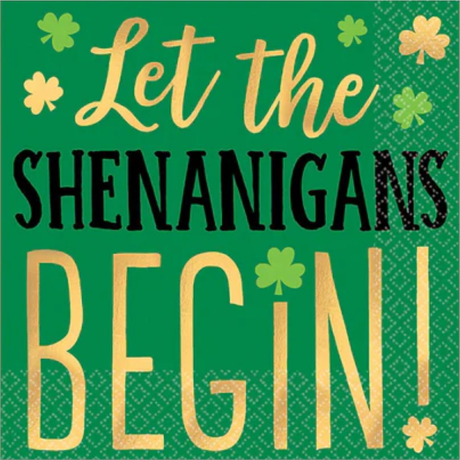 Shenanigans Beverage Napkins – 16 Ct | St. Patrick’s Day Party Napkins with Gold & Green Shamrock Design