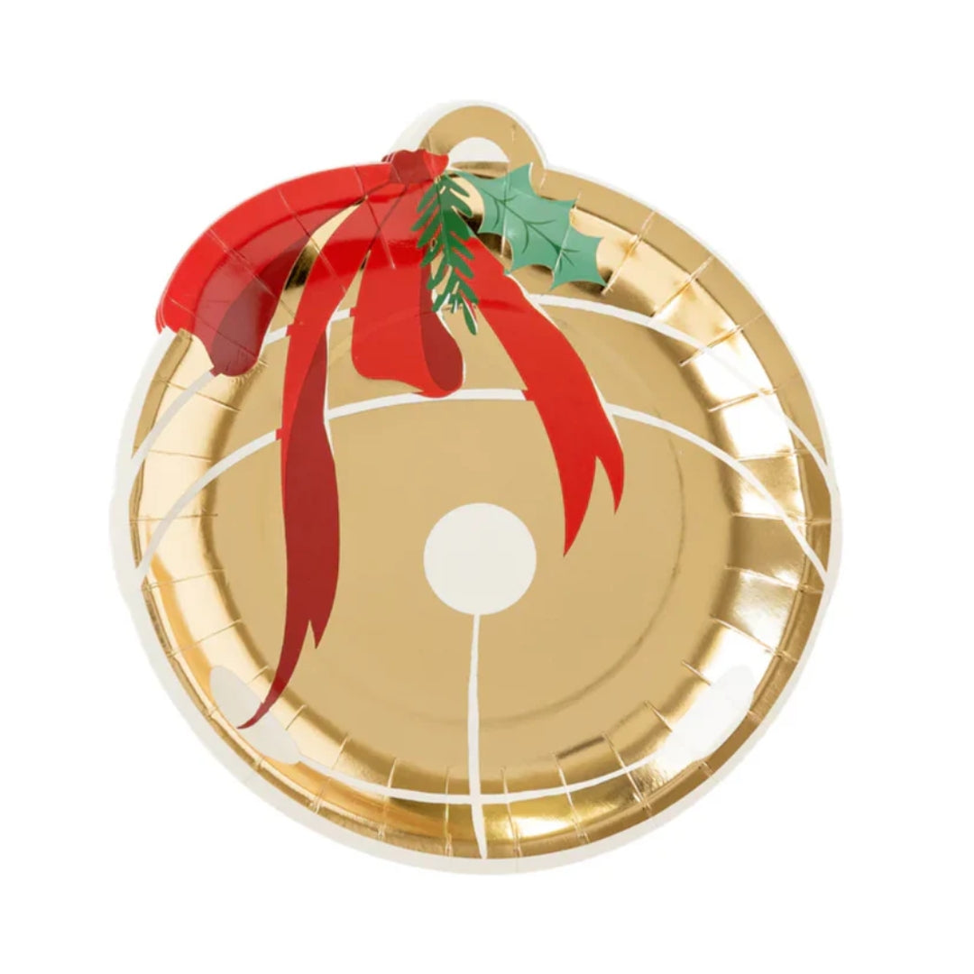 Jingle Bell Shaped Holiday Plates with Gold Foil & Red Bow – Set of 8