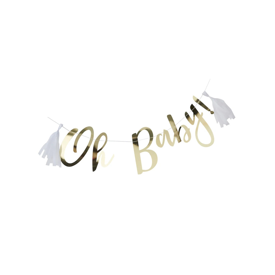 Oh Baby Gold Script Garland Banner – Elegant Baby Shower Decor, 6.5x6.5in