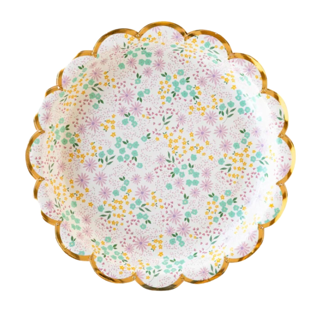 Pastel Floral Scallop Plates with Gold Edge - 7" Dessert Plates (Pack of 8)