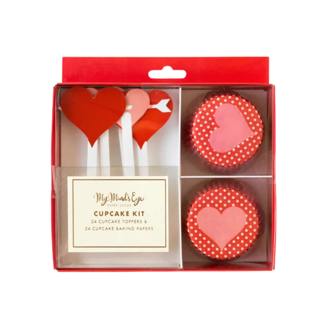 Valentine's Hearts & Arrows Cupcake Kit with Polka Dot Liners Toppers – 24 pcs