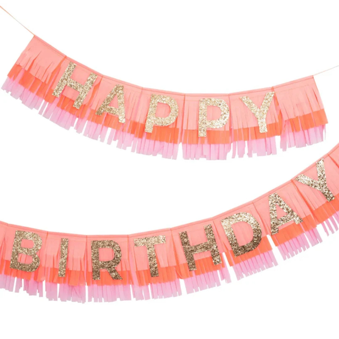 Bright Pink & Coral Happy Birthday Fringe Garland with Gold Glitter Letters