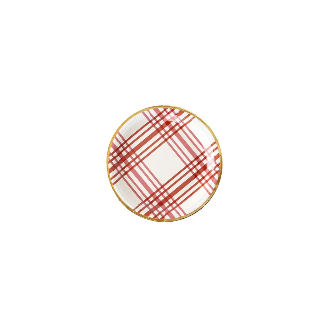 Harvest Plaid 9" Paper Plates - Burnt Orange with Gold Foil for Fall