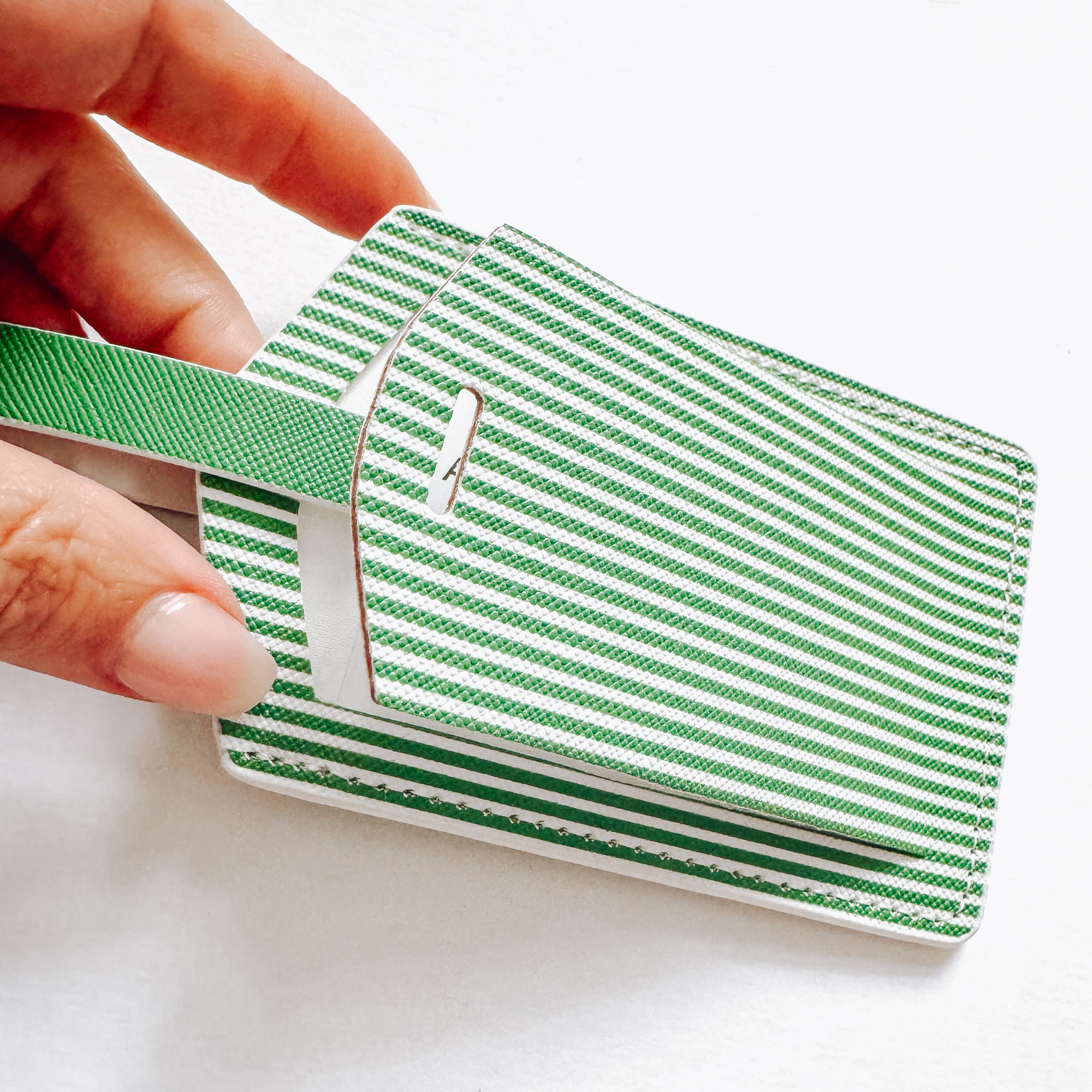 Green Stripe Luggage Tag Set | Vegan Leather Travel Accessory | 2-Pack