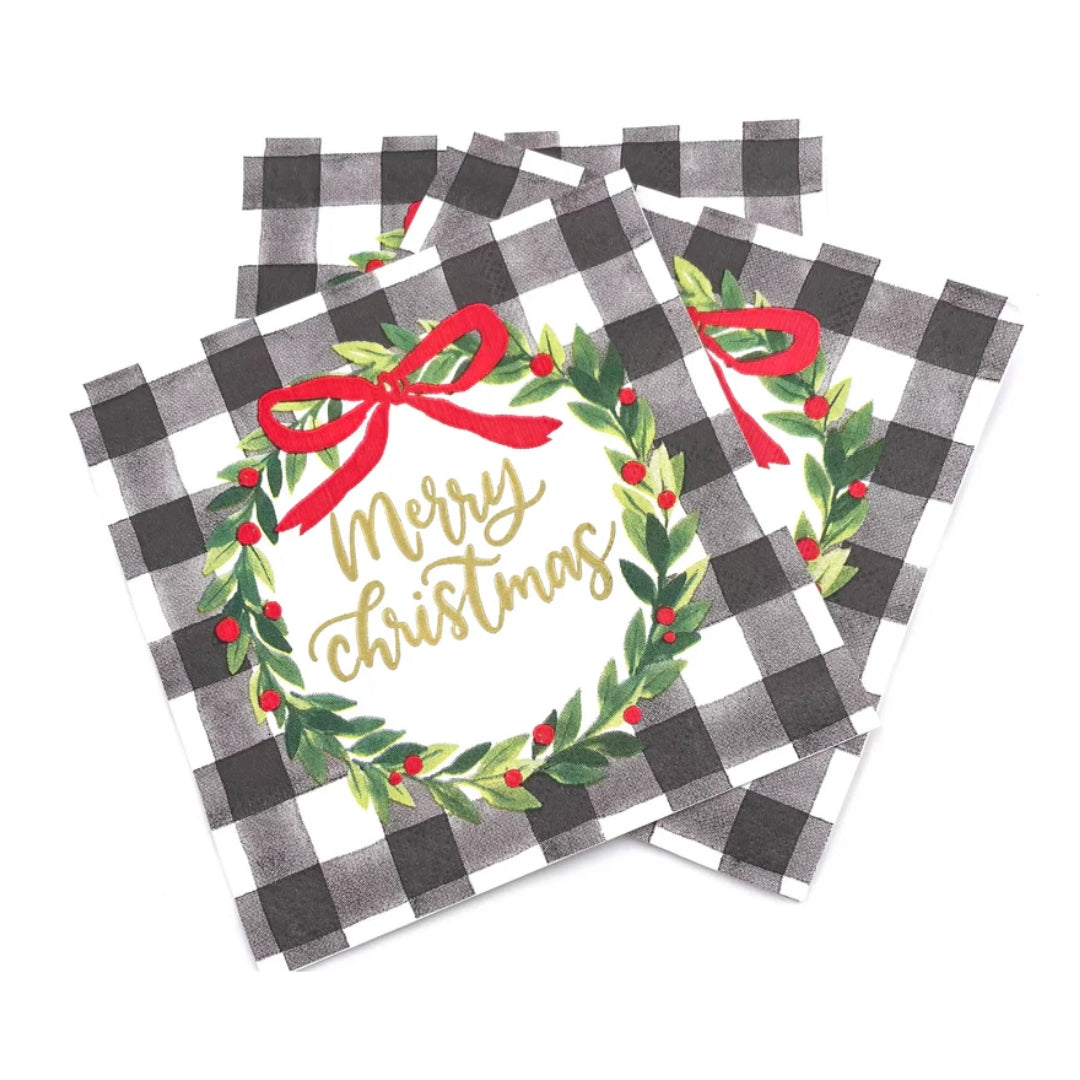 White & Black Gingham Christmas Napkins with Wreath & Red Bow Detail