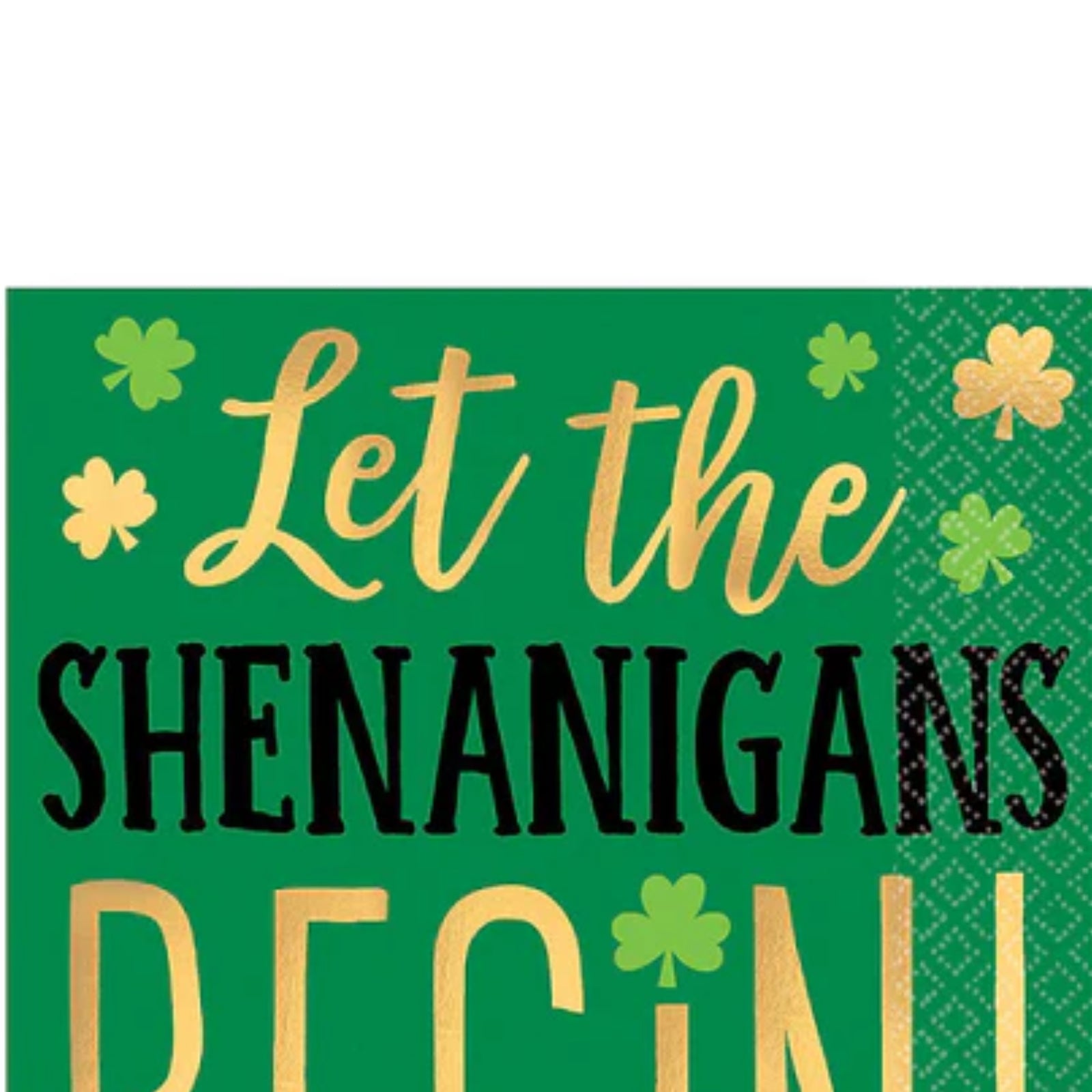 Shenanigans Beverage Napkins – 16 Ct | St. Patrick’s Day Party Napkins with Gold & Green Shamrock Design