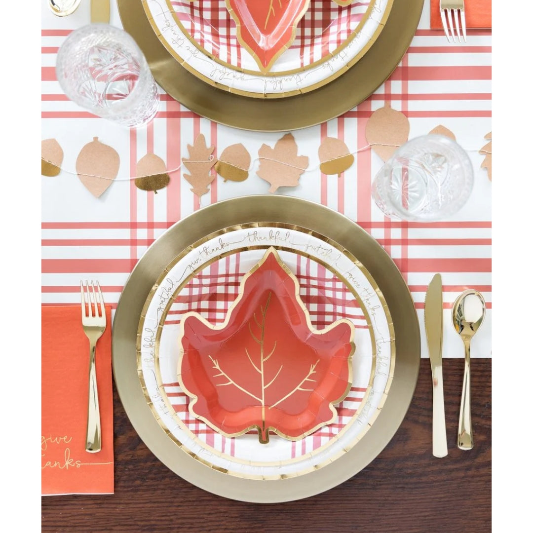 Harvest Plaid 9" Paper Plates - Burnt Orange with Gold Foil for Fall