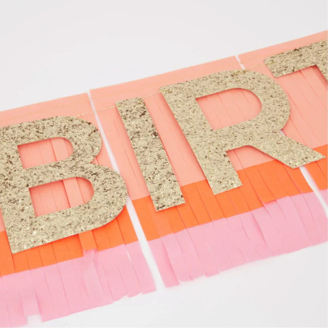 Bright Pink & Coral Happy Birthday Fringe Garland with Gold Glitter Letters