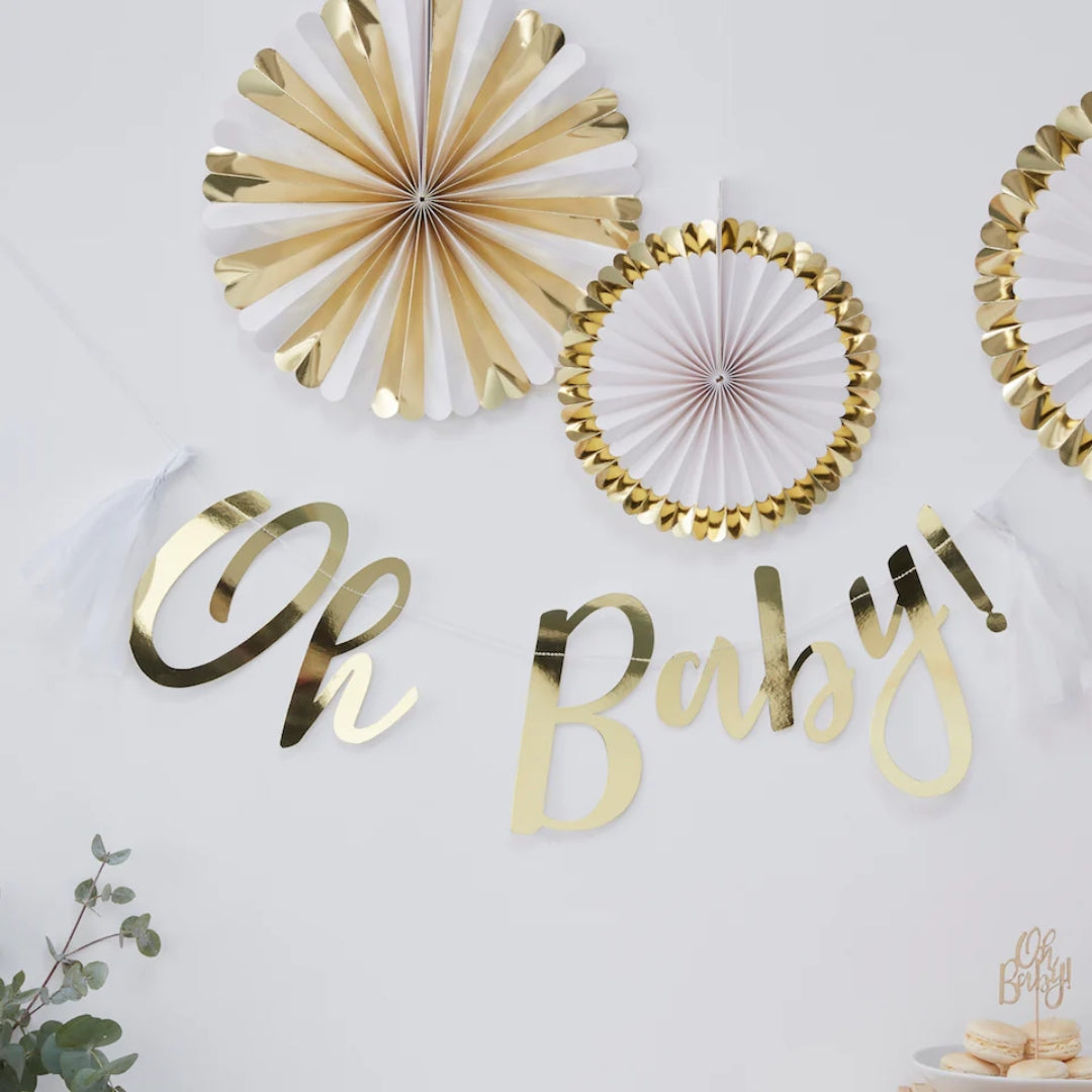 Oh Baby Gold Script Garland Banner – Elegant Baby Shower Decor, 6.5x6.5in