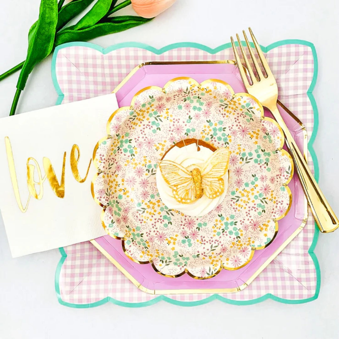 Pastel Floral Scallop Plates with Gold Edge - 7" Dessert Plates (Pack of 8)