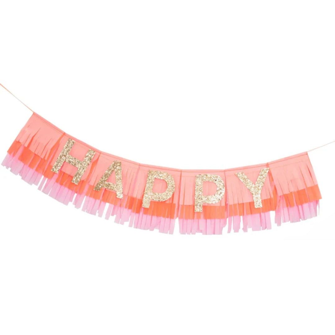 Bright Pink & Coral Happy Birthday Fringe Garland with Gold Glitter Letters