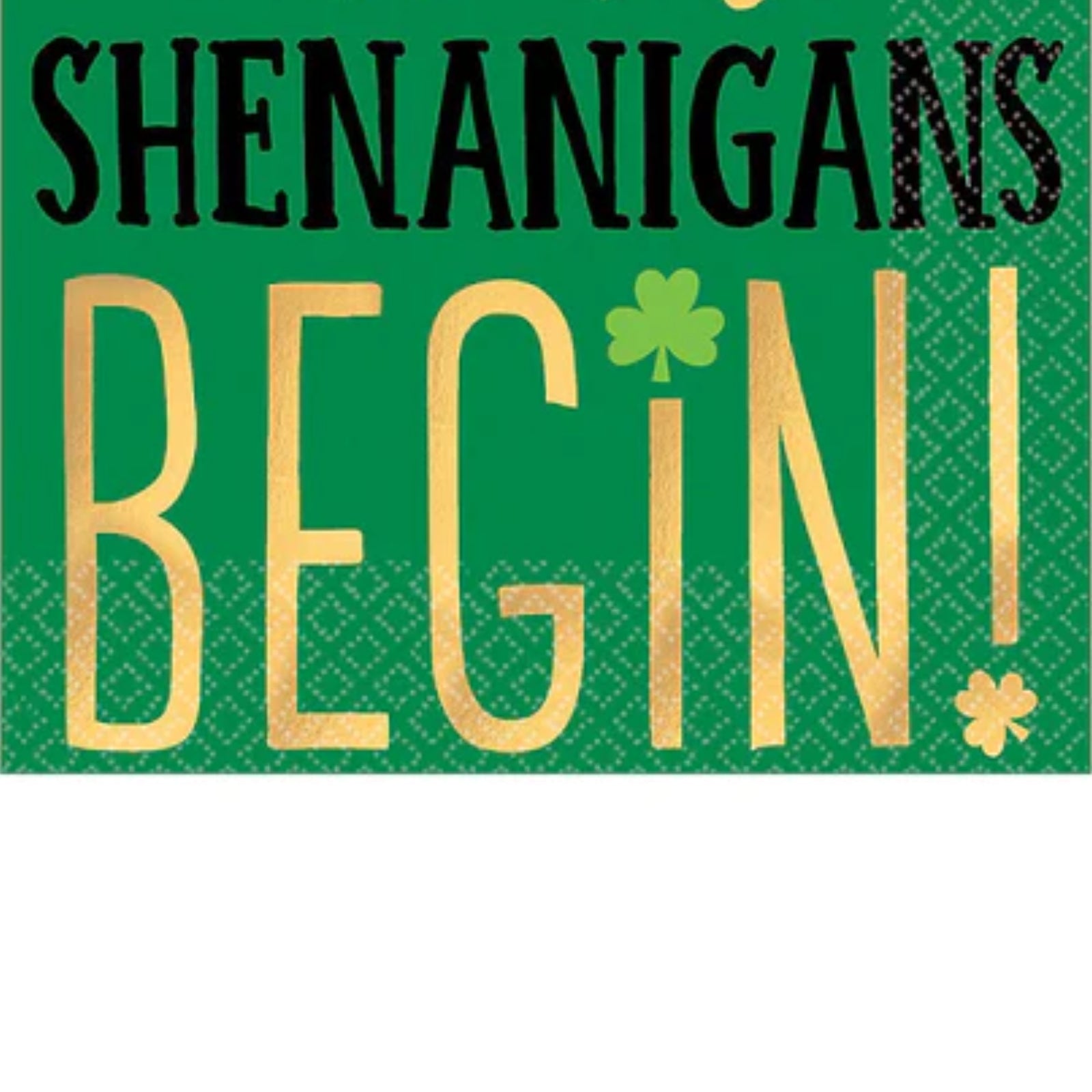 Shenanigans Beverage Napkins – 16 Ct | St. Patrick’s Day Party Napkins with Gold & Green Shamrock Design