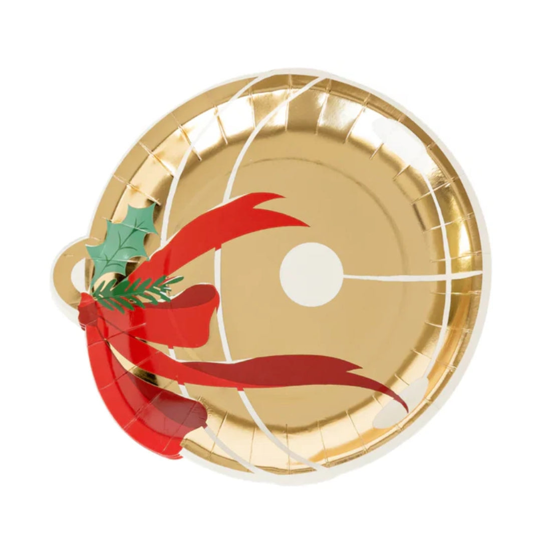 Jingle Bell Shaped Holiday Plates with Gold Foil & Red Bow – Set of 8