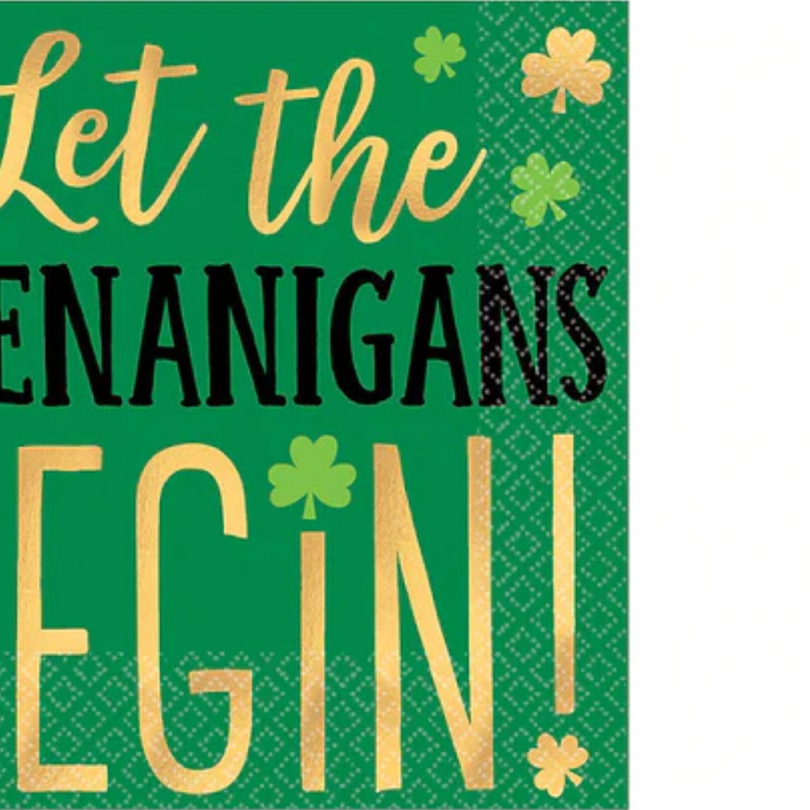 Shenanigans Beverage Napkins – 16 Ct | St. Patrick’s Day Party Napkins with Gold & Green Shamrock Design