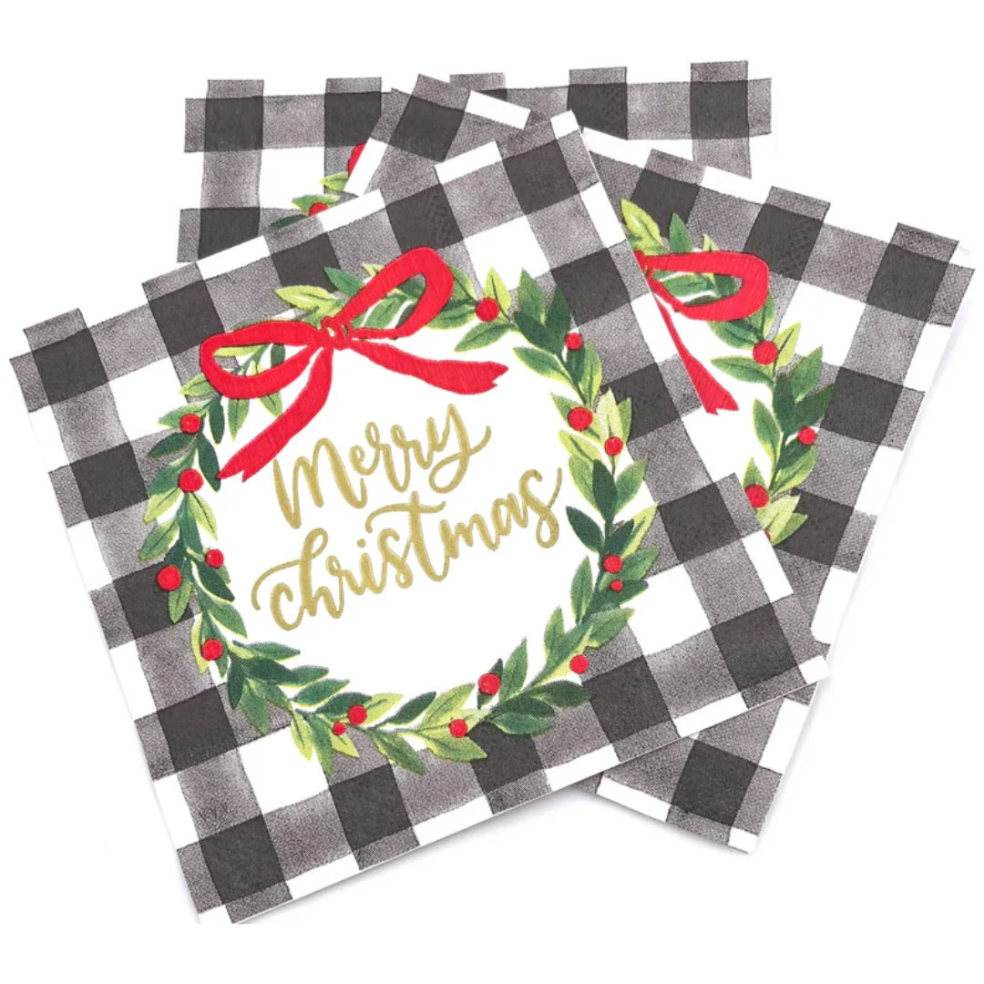 White & Black Gingham Christmas Napkins with Wreath & Red Bow Detail