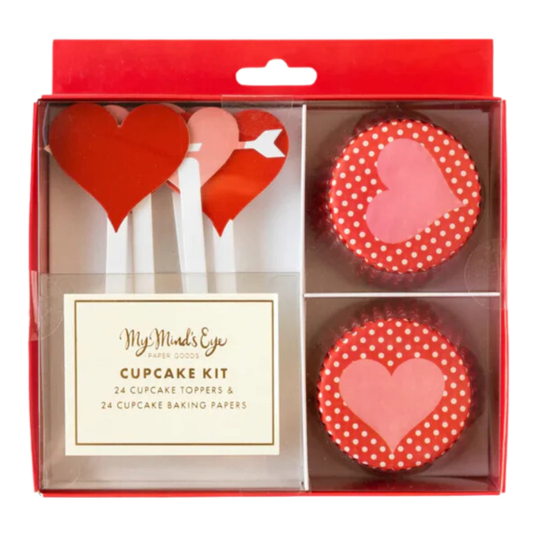 Valentine's Hearts & Arrows Cupcake Kit with Polka Dot Liners Toppers – 24 pcs