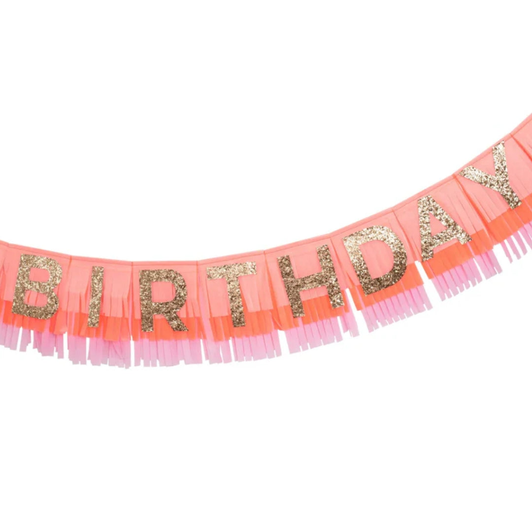 Bright Pink & Coral Happy Birthday Fringe Garland with Gold Glitter Letters