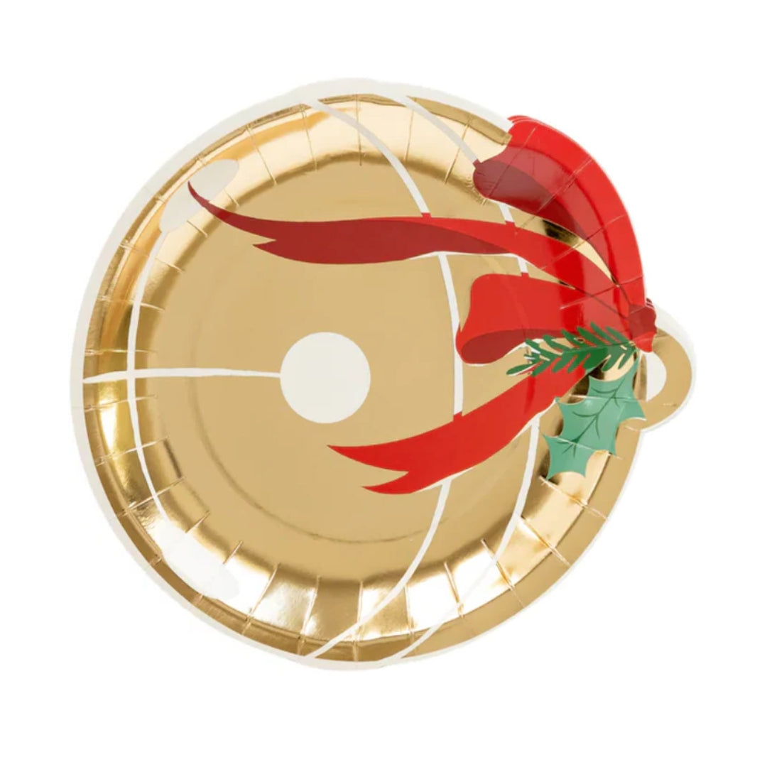 Jingle Bell Shaped Holiday Plates with Gold Foil & Red Bow – Set of 8