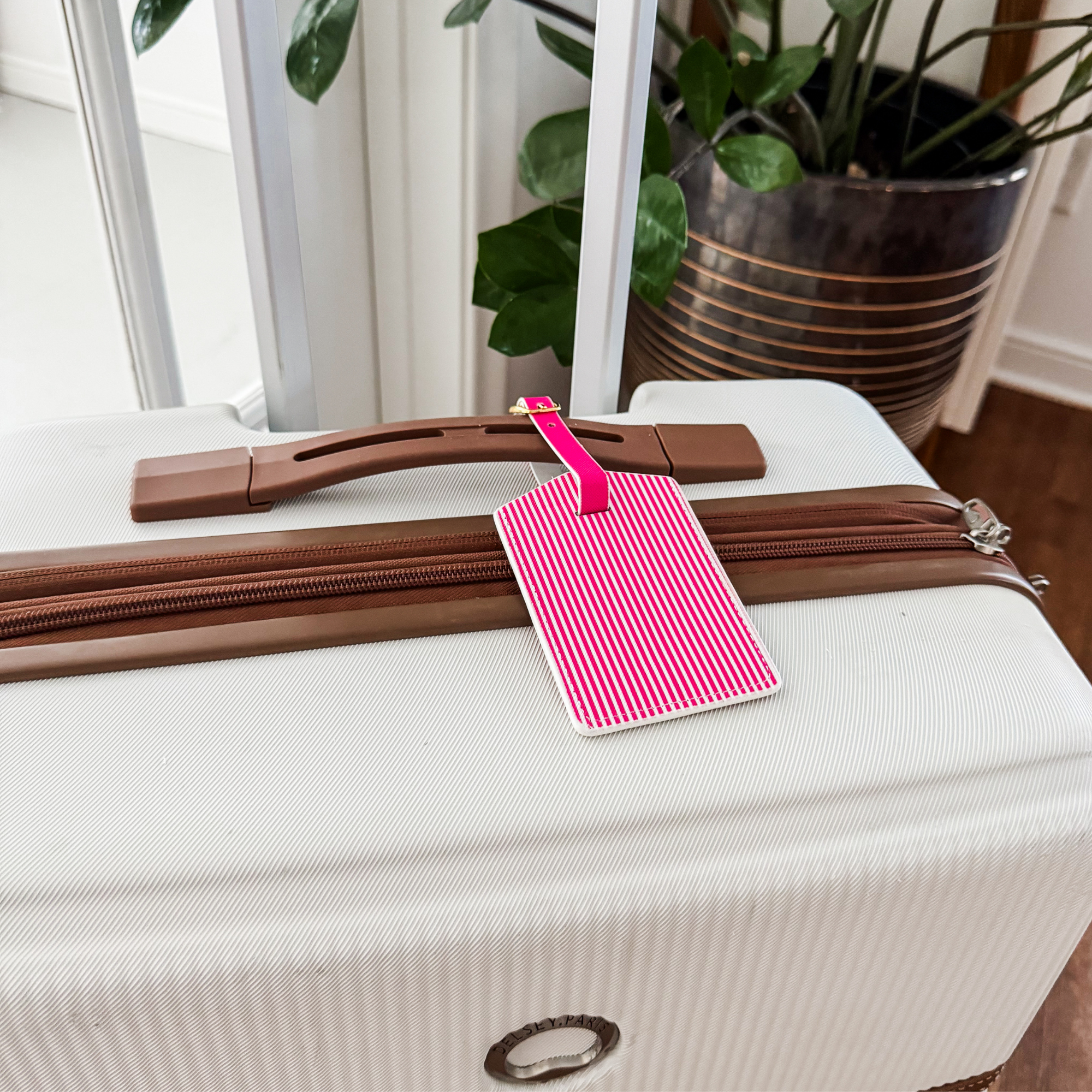 Pink Stripe Luggage Tag Set | Vegan Leather Travel Accessory | 2-Pack