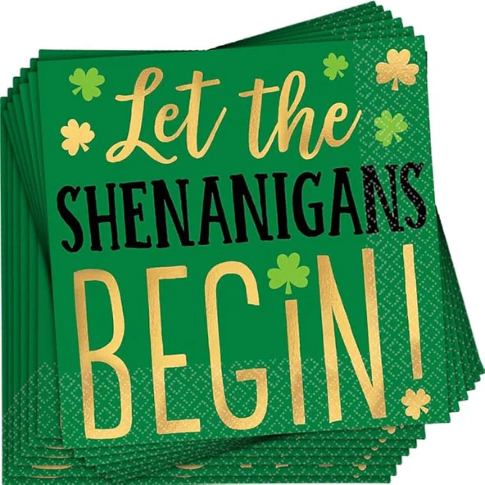 Shenanigans Beverage Napkins – 16 Ct | St. Patrick’s Day Party Napkins with Gold & Green Shamrock Design